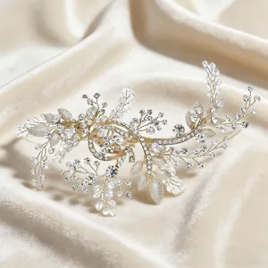 Exquisite crystal hair clip bridal vine gold leaf hair accessory for women detail view