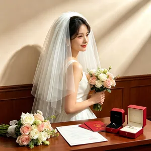 Detail of the elegant Korean bridal veil in a romantic wedding scene with floral bouquets.