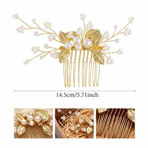 Gold bridal hair comb detail showing alloy leaves and pearl branch design features clearly.