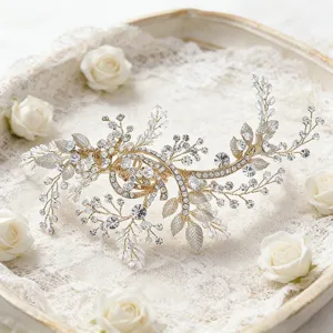Exquisite crystal rhinestone bridal hair vine detail close-up, elegant floral leaf design for wedding.