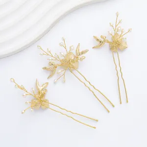 Spille per capelli da sposa dorate in lega, perle finte, fermagli floreali per nozze.