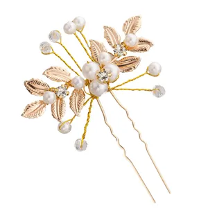 Épingle à cheveux dorée avec feuilles, perles et strass pour accessoires de mariage U