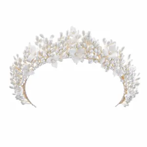 White bridal tiara with pearl and flower design for wedding hair accessories elegant crown