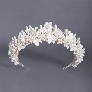 Elegant white pearl flower bridal tiara and wedding hair accessory crown for women