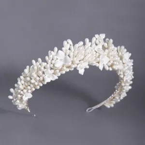 White pearl bridal tiara flower headband elegant wedding hair crown accessory for women