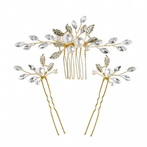 Bridal hair comb detail view showing alloy wire design with faux pearls and crystals for wedding styling.