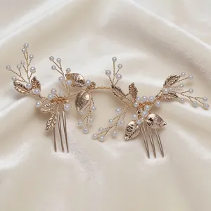 Handmade Bridal Hair Comb Artificial Pearl Gold Alloy Leaf Hair Accessories Wedding Headpiece Elegant Hair Jewelry