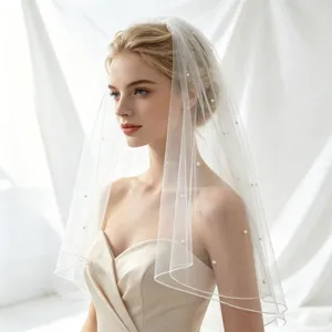 Bridal White Short Wedding Veil Tulle Artificial Pearl Beaded Veil For Women Bridal Wedding Photography Veil Hair Accessories