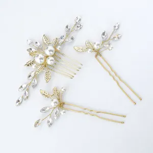 Bridal Hair Comb And Hairpin Set Alloy Artificial Pearl Rhinestone Gold Hair Accessories Wedding Headpiece For Women