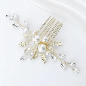 Gold bridal hair comb featuring elegant simulated pearls and sparkling crystal rhinestones.