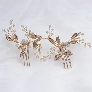 Handmade bridal hair comb set with pearls and gold alloy leaves, wedding hair accessory.