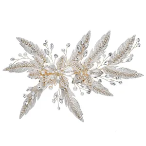 Bridal hair clip handmade flower rhinestone pearl wedding headpiece hair accessories detail view.