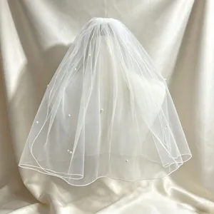 White bridal wedding veil with pearls short veil for engagement photography props accessory