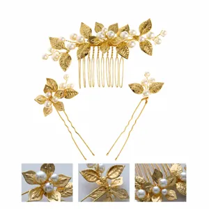 Gold bridal hair comb and pins set with artificial pearls and leaves, elegant wedding hair accessories.