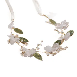 Elegant crystal alloy leaf hair band with white flowers and pearls for bridal wedding party.