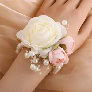 Bridal wrist flower wedding bridesmaid corsage artificial rose pearl wristband accessory detail