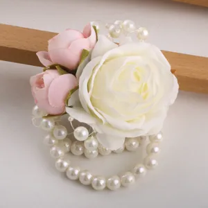Wedding Wrist Corsage Artificial Rose Flower With Artificial Pearl Bracelet Bridesmaid Hand Flower Party Decor