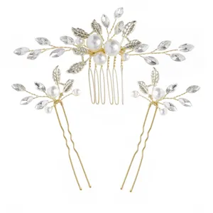 Bridal hair comb and pin set with faux pearls and crystals, elegant wedding hair accessories.
