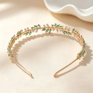Gold leaf crystal headband bridal hair accessory elegant rhinestone tiara for women wedding banquet.