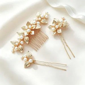 Gold alloy pearl leaf hair comb hairpin set, bridal wedding hair accessories detail