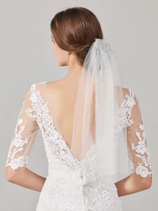 Elegant bridal veil with wedding dress, featuring lace embroidery and delicate crystal details.