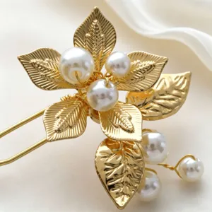Handmade gold metal leaf hair pin with faux pearls for bridal wedding elegant hair accessory