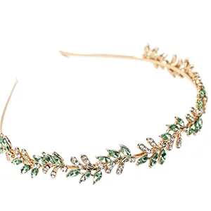 European retro gold leaf headband with green and clear crystals for bridal banquet wear.