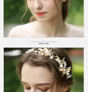 Handmade gold alloy leaf bridal hairband, elegant wedding hair accessories for brides.
