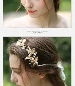 Elegant gold alloy leaf pearl bridal hairband wedding headpiece for women aesthetic bridal accessories