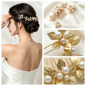 Bridal Hair Comb And Hairpin Set Gold Alloy Artificial Pearl Leaf Hair Accessories Wedding Banquet Hair Jewelry
