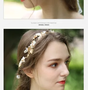 Gold alloy leaf bridal hairband with pearls, elegant wedding hair accessory for women.