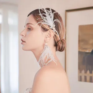 Exquisite feather hair accessory detail shot, elegant bridal styling, soft romantic glow.