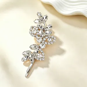 Exquisite rhinestone hair clip detail view, sparkling crystal leaf hairpin for bridal.