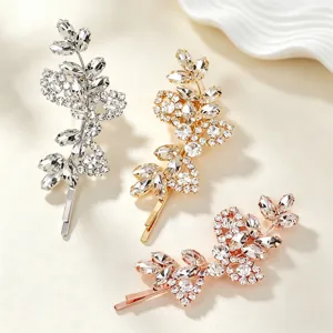 Rhinestone leaf hair clips set, sparkling crystal bobby pins for women wedding styling.