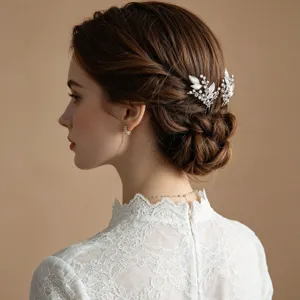 Vintage Handmade Artificial Pearl Crystal Leaf Hairpin Silver Metal Hair Stick Bridal Wedding Hair Accessories