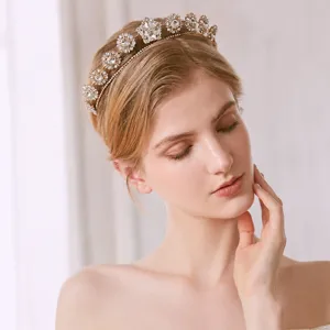 Bridal Wedding Crown Tiara Vintage Rhinestone Floral Headpiece Gold Hair Accessories For Women Party Hair Jewelry