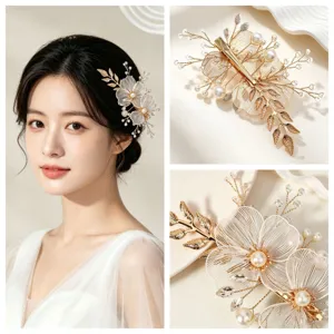 Korean Bride Hair Clip Handmade Artificial Pearl Rhinestone Gold Flower Hair Accessories Wedding Hair Jewelry