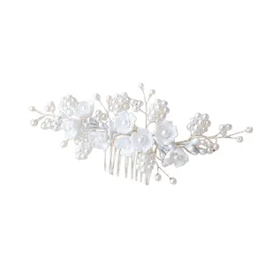 Bridal pearl hair comb handmade floral wedding hair accessories for white hair jewelry