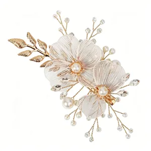 Korean bridal hair clip with gold wire flowers, faux pearls, and crystal drops for weddings.