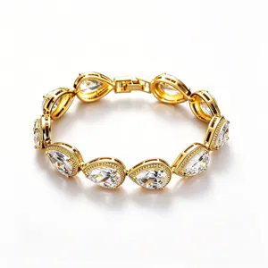 Elegant women's teardrop cubic zirconia gold-plated link bracelet main product display shot.