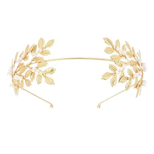 Elegant gold leaf faux pearl bridal headband for wedding party hair accessory main view