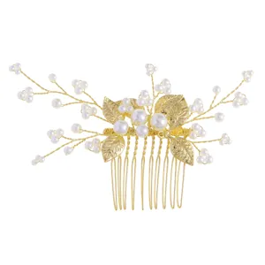 Elegant gold bridal hair comb with artificial pearls and leaves, perfect for wedding banquets.