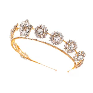 Bridal gold rhinestone tiara headband, sparkling crystal flower headpiece for wedding party.
