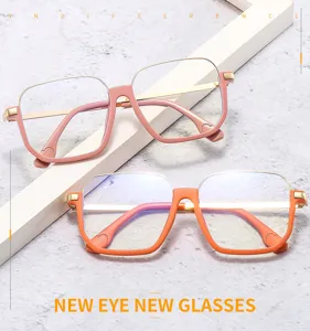 Detailansicht trendiger großer quadratischer Blaulichtfilter-Brille in Rosa und Orange.