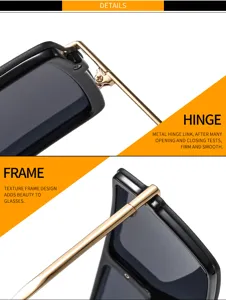 Vue détaillée de lunettes de soleil carrées avec charnière en métal et design texturé.