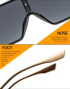 Detail de lunettes de soleil masque avec pont ergonomique et branches dorees elegantes.
