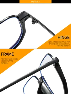 Schwarze quadratische Brille Fassung Detailansicht mit stabilem Metallscharnier und Textur.