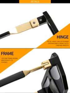 Close-up details of retro square sunglasses featuring sturdy metal hinge and sleek black frame.