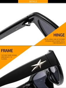 Stylish black fashion sunglasses with metal star detail and sturdy durable hinge design.