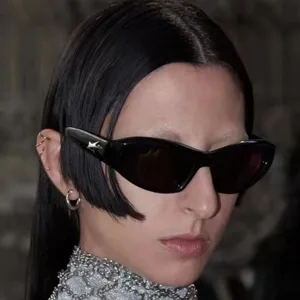 Trendy narrow cat-eye sunglasses for men and women, stylish black frame sun glasses main view.